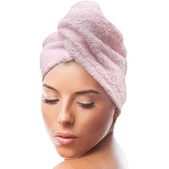 KEEPOZ Hair Towel Wrap Quick Dry 100% Cotton Super Absorbent Turban Head Wrap for Women with Button, Anti Frizz Hair Products, Hair Cap for Curly, Long & Thick Hair (Pink) - Image 1